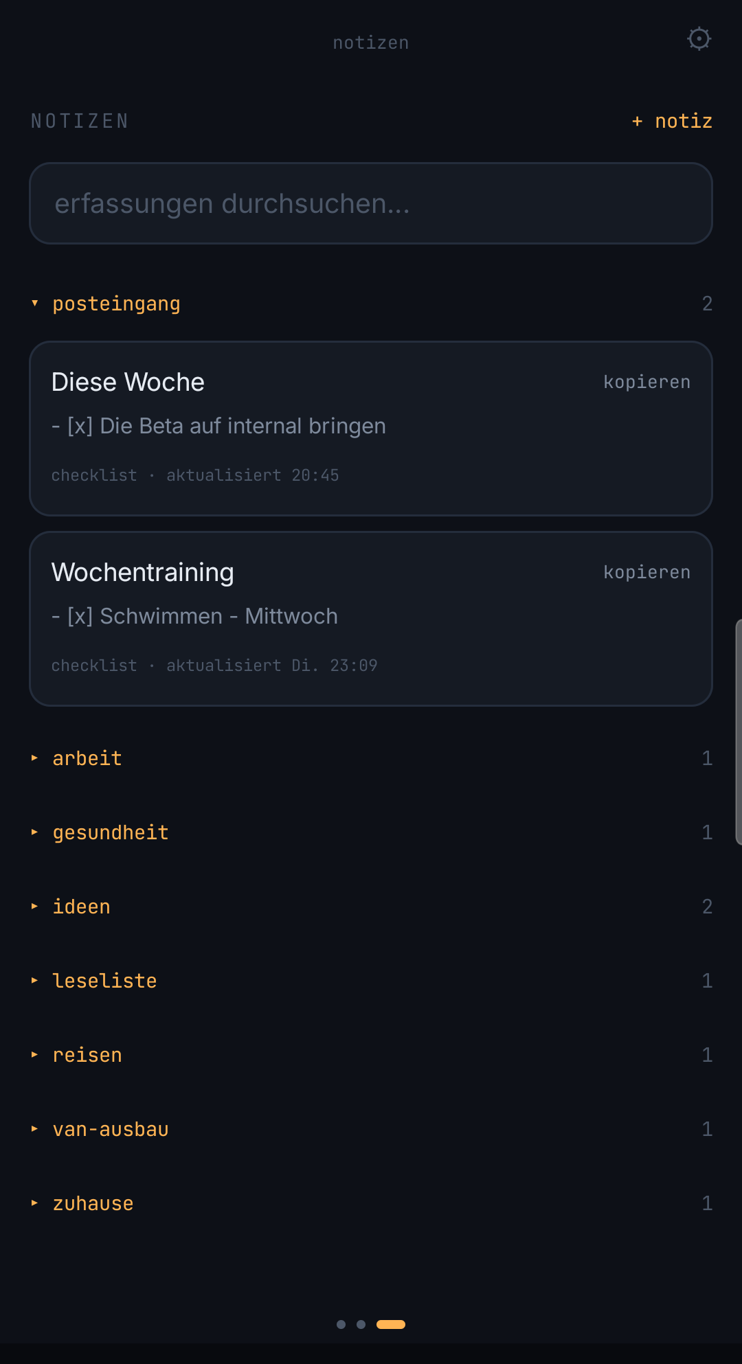 Die ChatNote-Notizliste, nach Projekt gruppiert