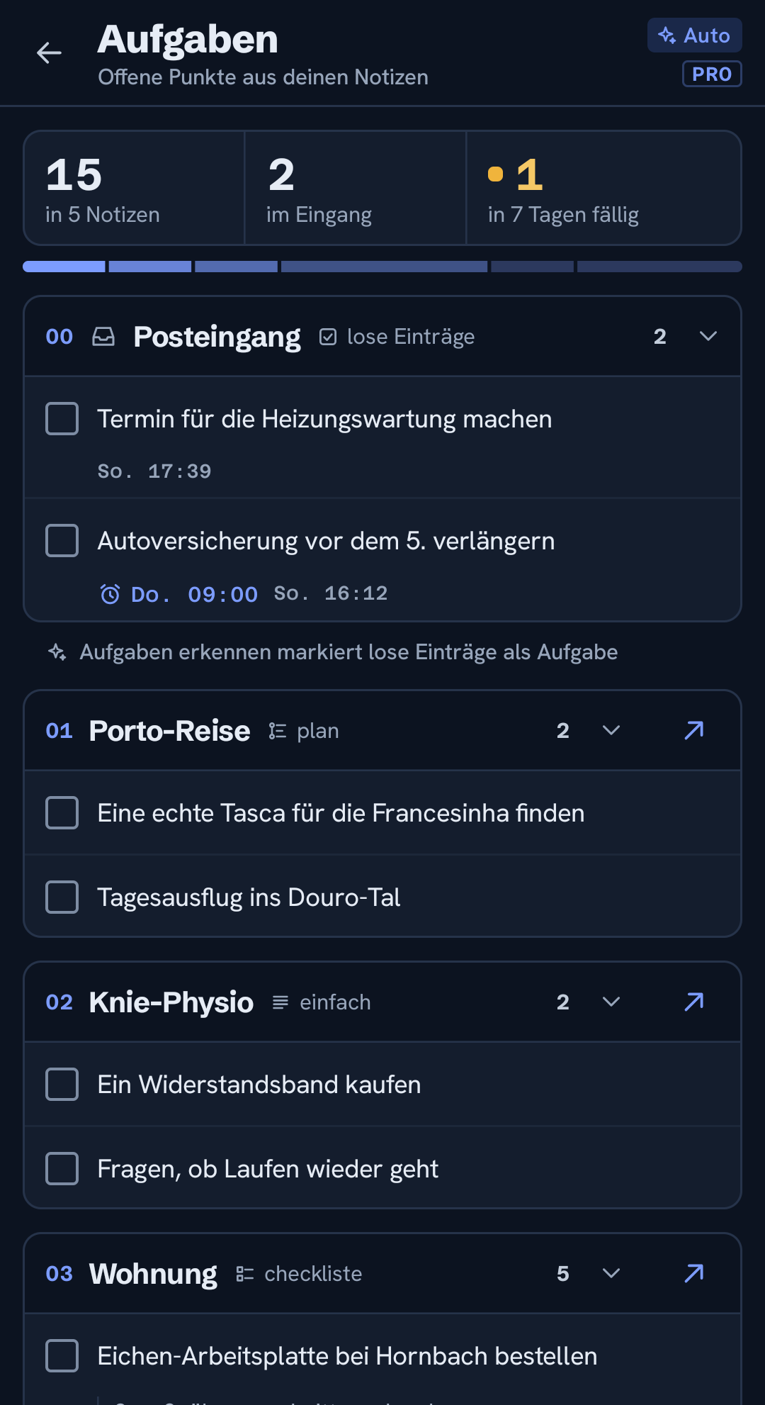 Aufgaben: offene Punkte aus allen Notizen, dazu lose Notizen im Eingang, die die KI erkannt hat