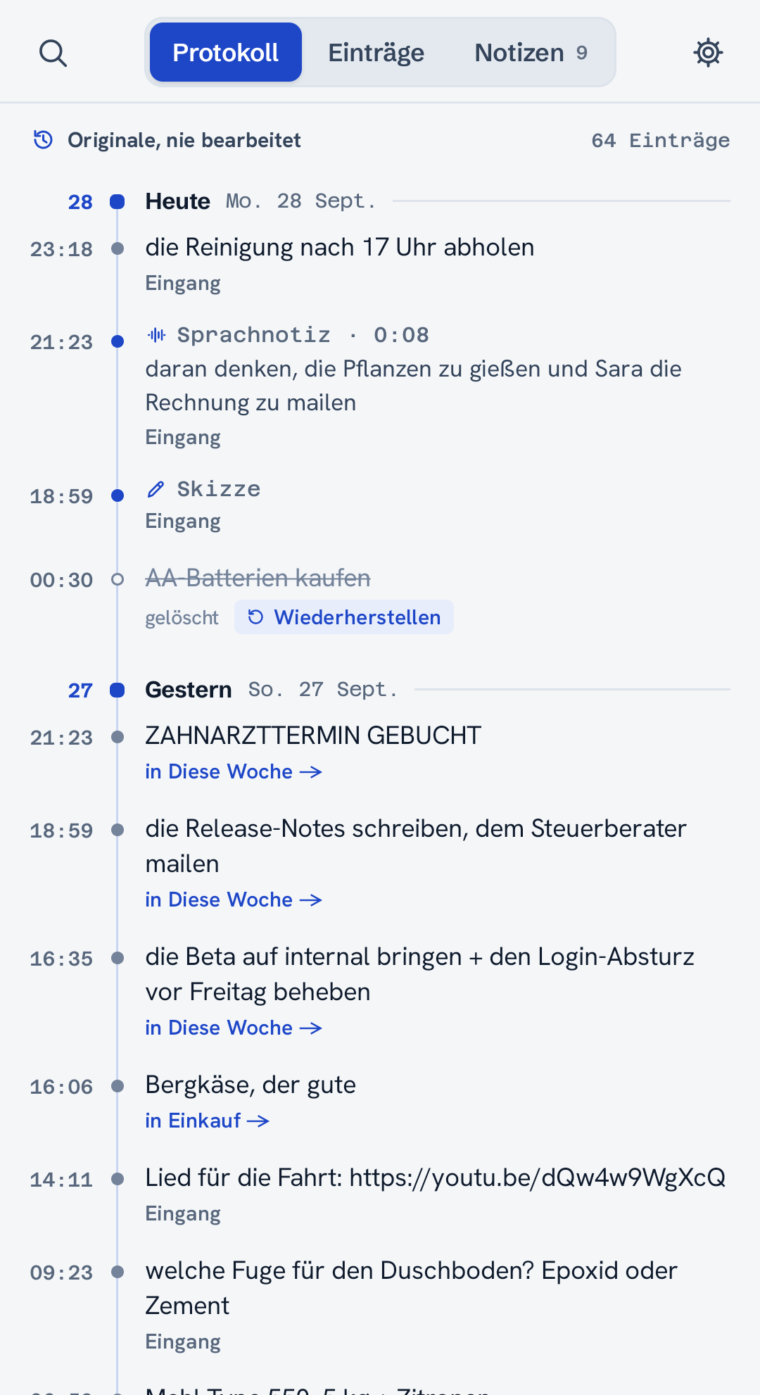 Das Protokoll jeder Notiz, der Reihe nach, nichts überschrieben