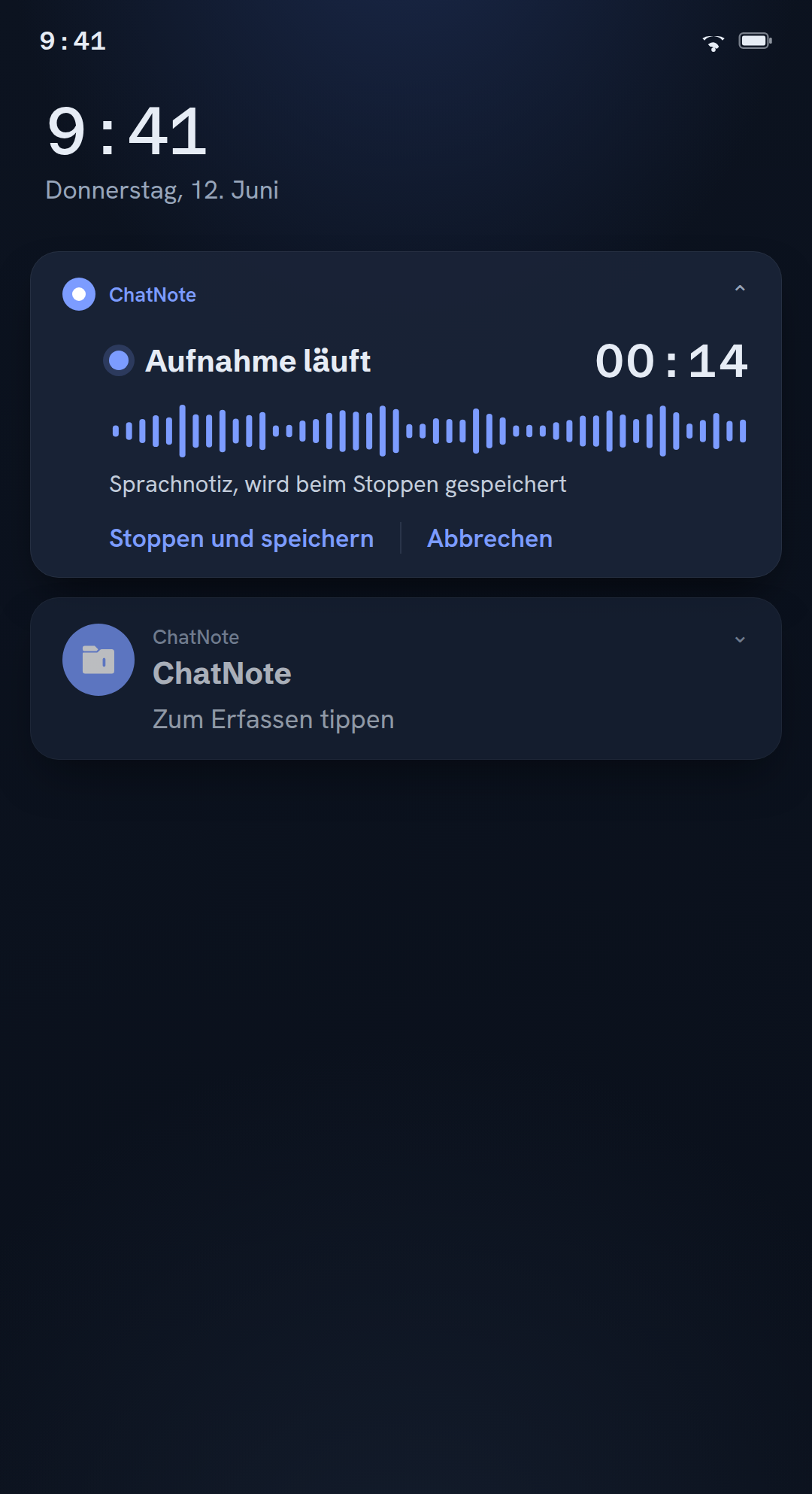 Eine Sprachnotiz aus der Benachrichtigung aufnehmen, mit laufender Zeit, Stoppen und speichern und Abbrechen