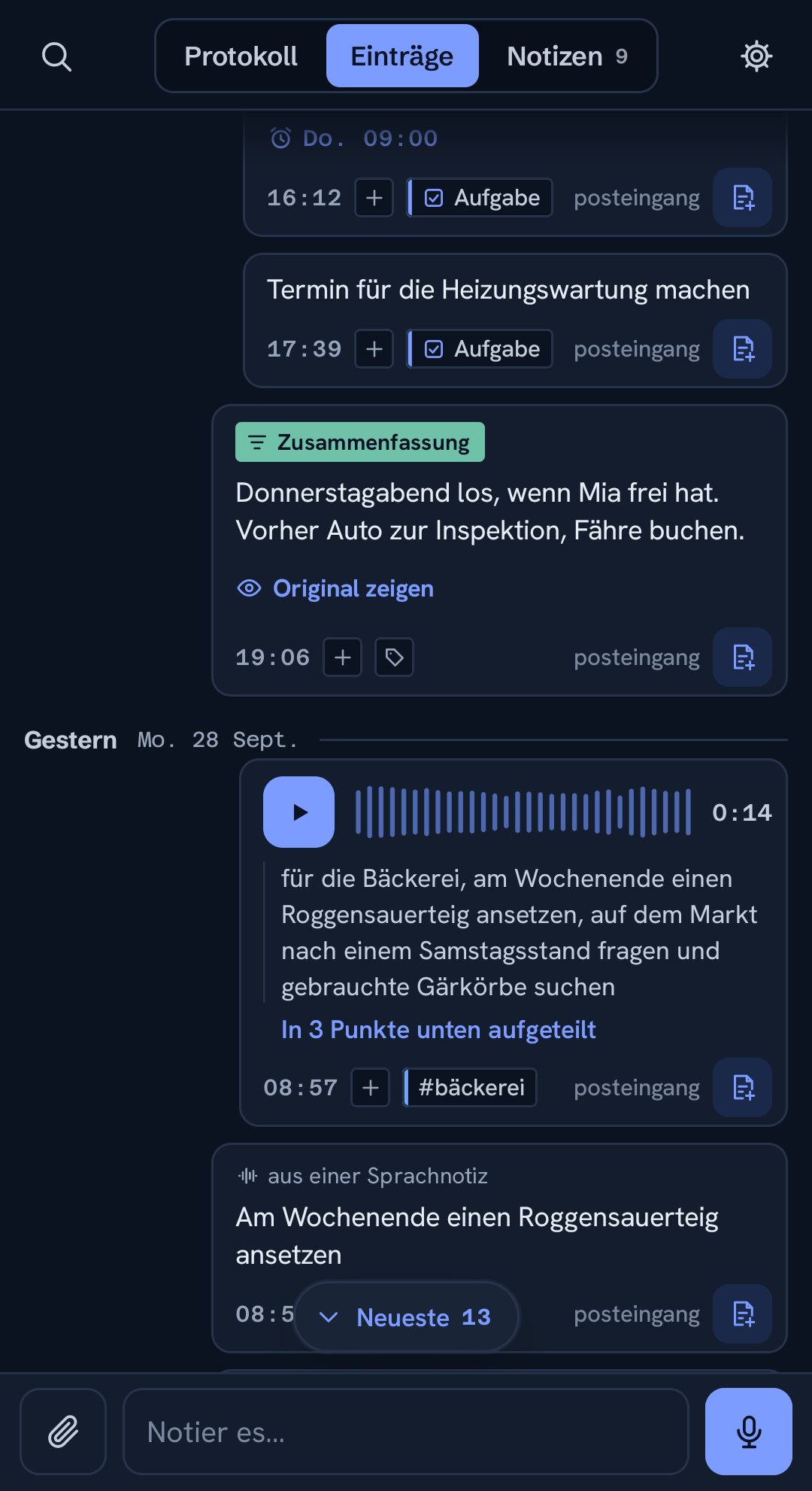 Eine zusammengefasste Sprachnotiz, das Original einen Tipp entfernt