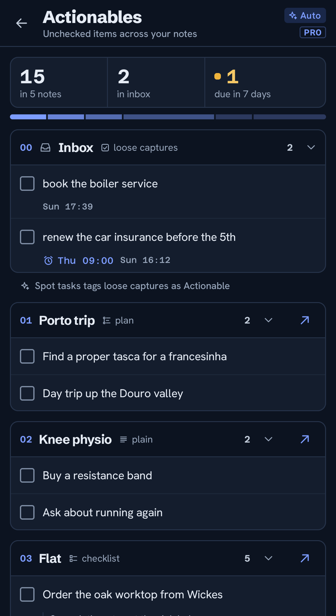 Actionables: open tasks from every note, plus loose captures the AI spotted in the Inbox
