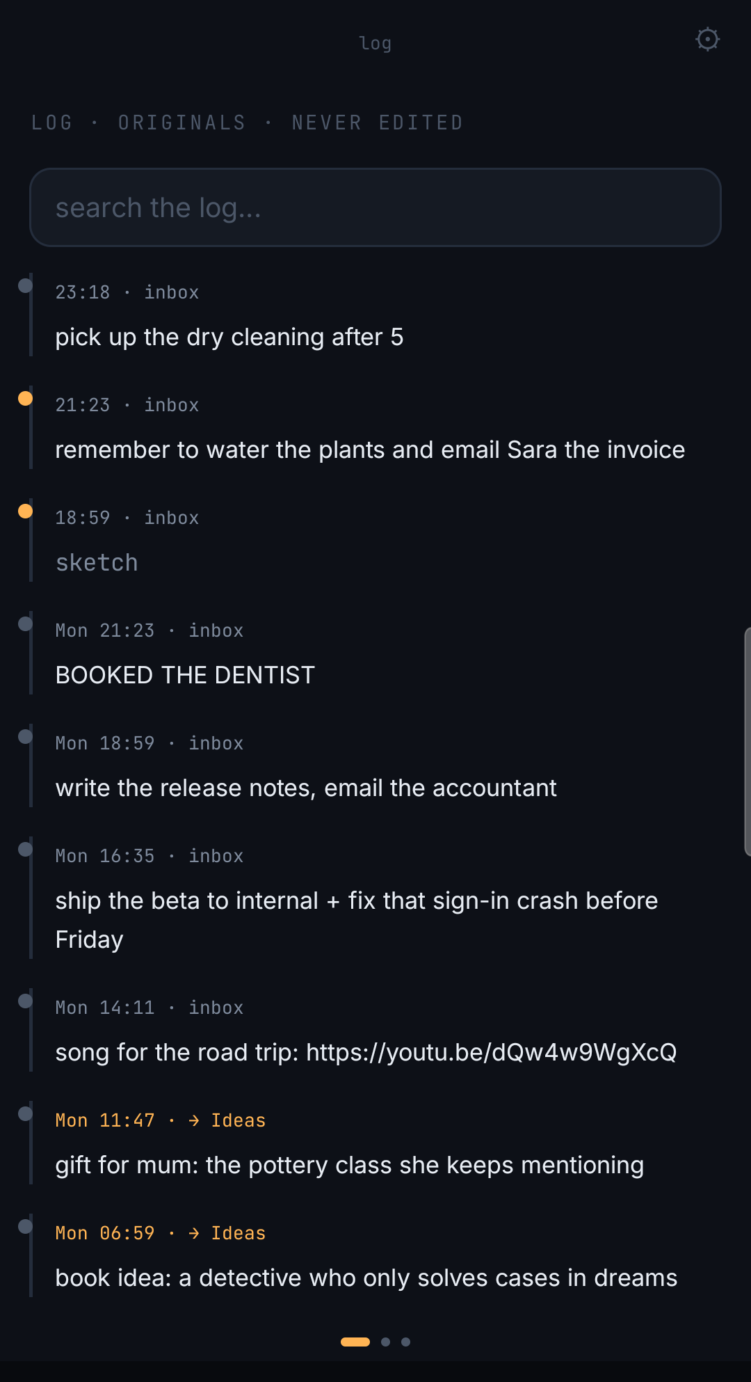 The log of every capture, in order, with nothing overwritten