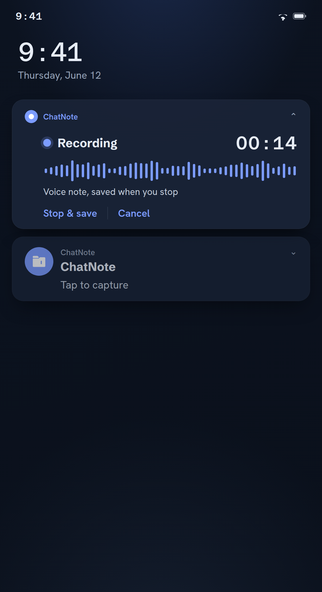 Recording a voice note from the notification, with the running time, Stop & save and Cancel