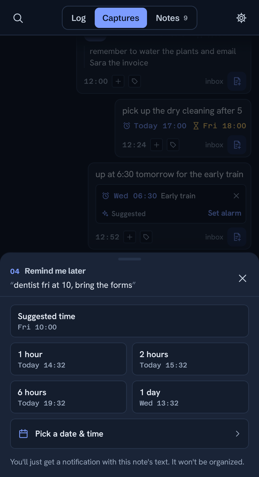 The reminder sheet, with the time the capture named already suggested
