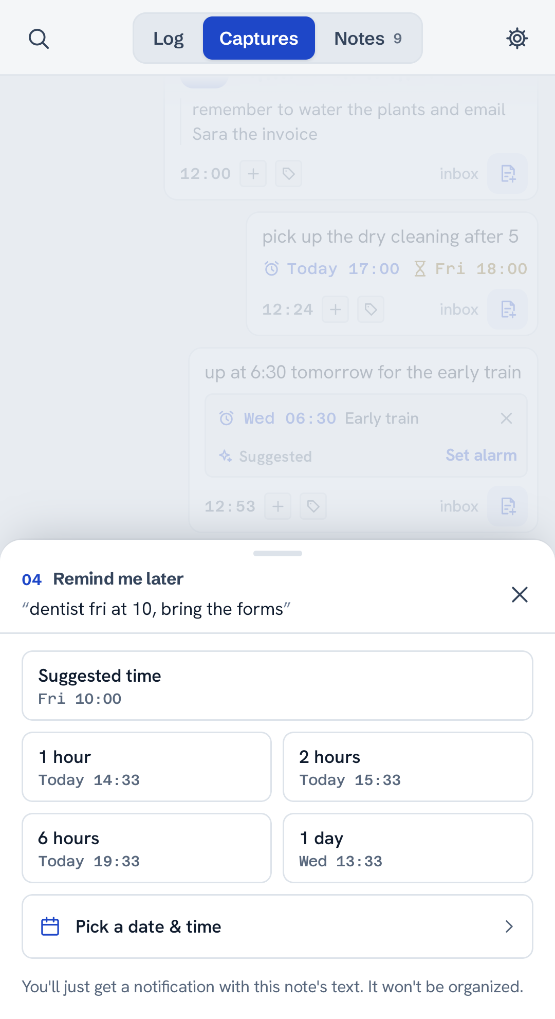 The reminder sheet, with the time the capture named already suggested