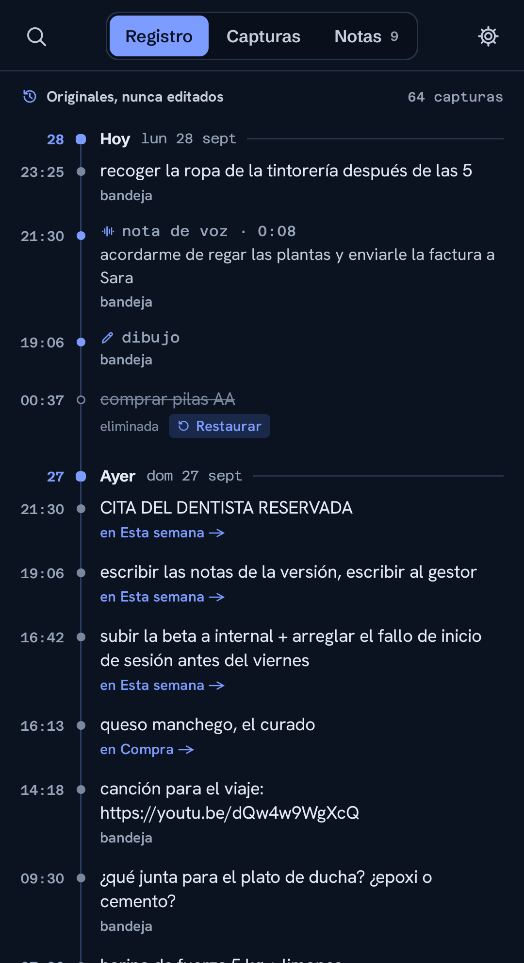 El registro de cada captura, en orden, sin sobrescribir nada