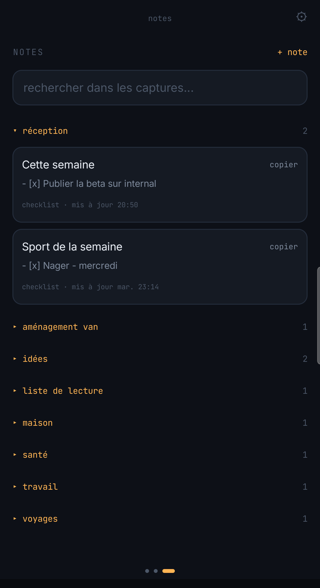 La liste de notes de ChatNote, regroupée par projet