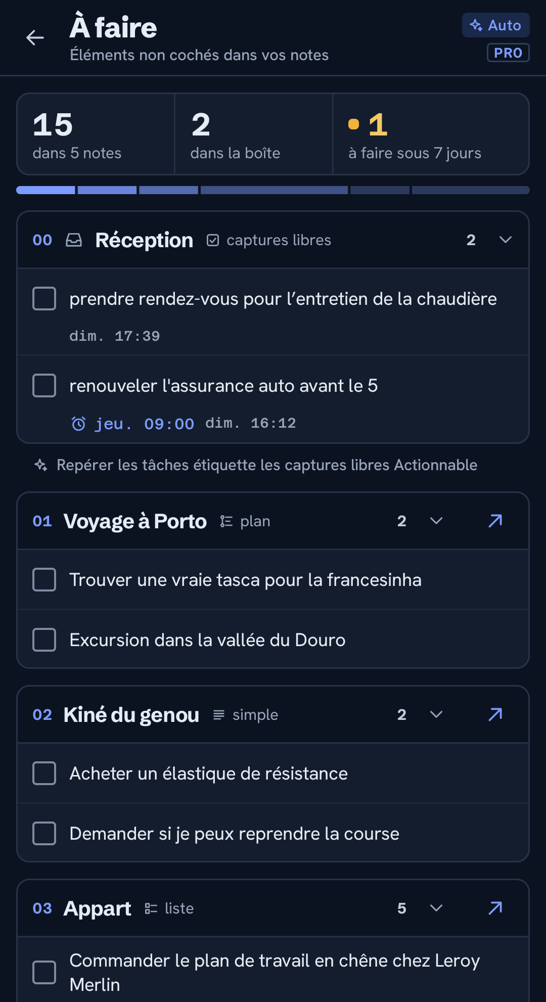 Actions : les tâches ouvertes de toutes les notes, et dans la boîte de réception les captures isolées repérées par l'IA