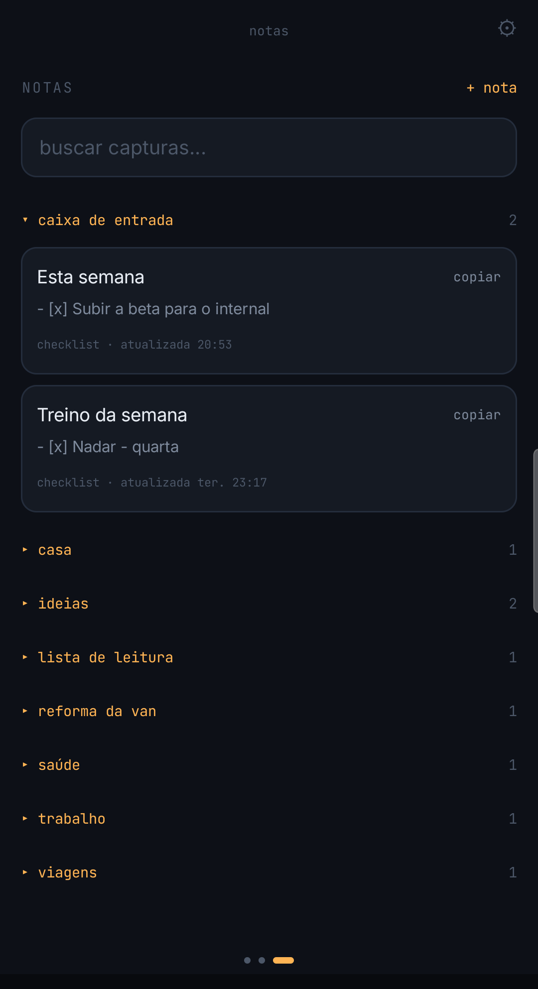 A lista de notas do ChatNote, agrupada por projeto