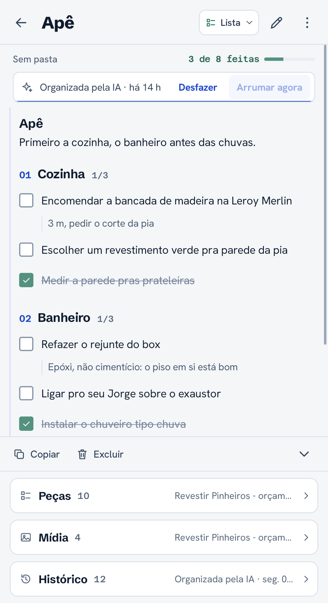 Uma nota de lista com seções, marcações e detalhes de tarefas